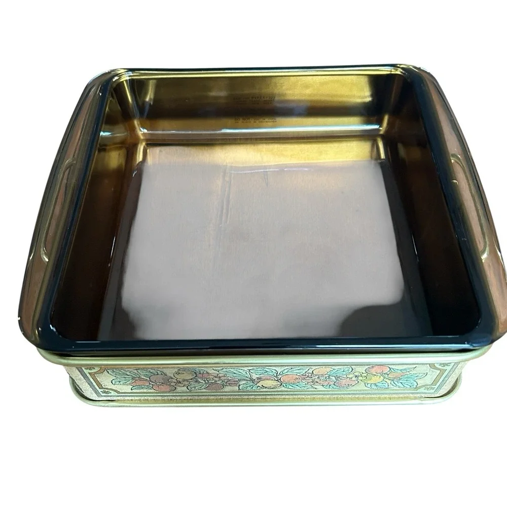 Vintage Pyrex 222 Amber‎ Baking Dish W Metal Fruit Server